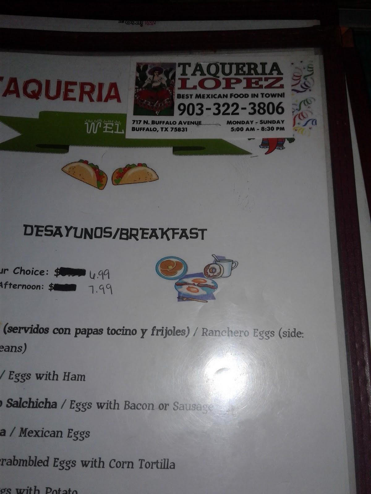 Menu at Taqueria Lopez restaurant, Buffalo