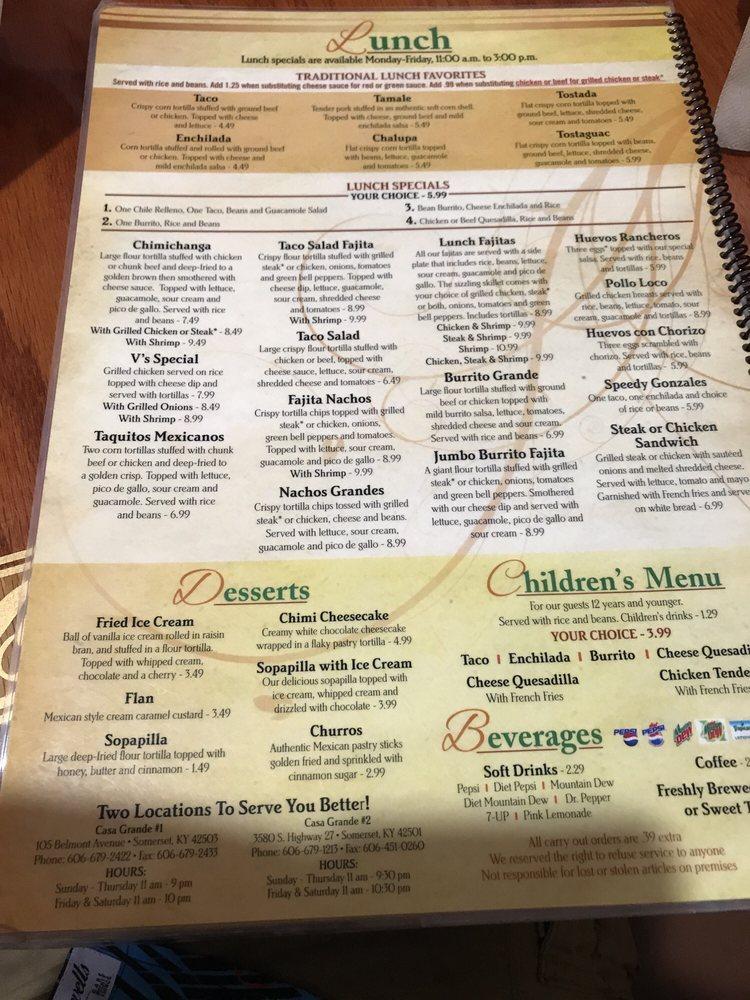 Menu at Casa Grande 2 Mexican Bar & Grill, Somerset, S Hwy 27
