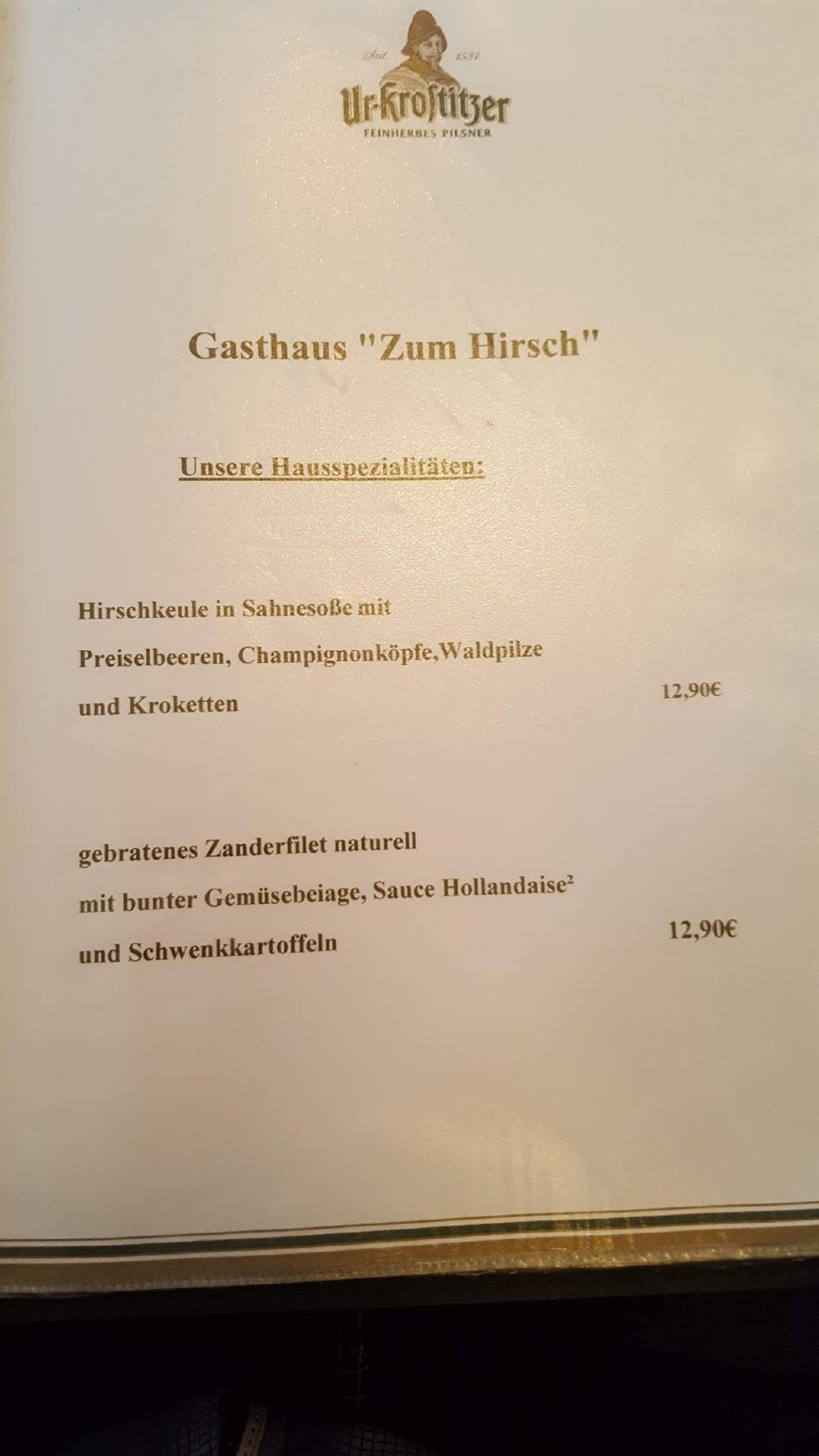 Speisekarte Von Gasthaus Zum Hirsch Restaurant, Kabelsketal