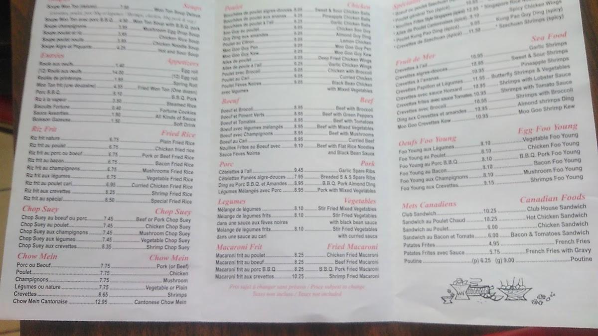 Menu au Ming's restaurant, Gatineau