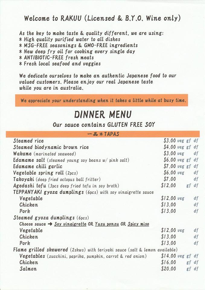 Menu At Rakuu Restaurant Ballina