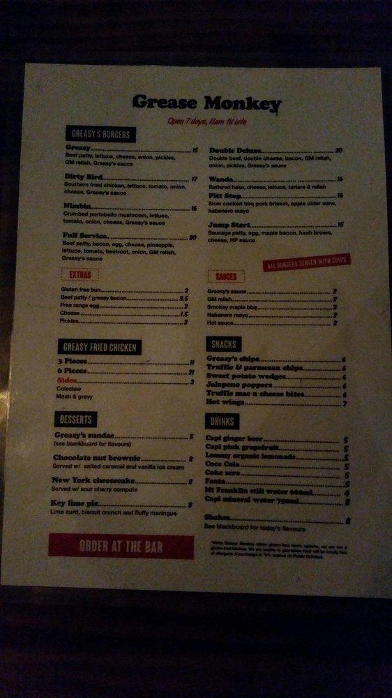 Menu at Grease Monkey pub & bar, Braddon