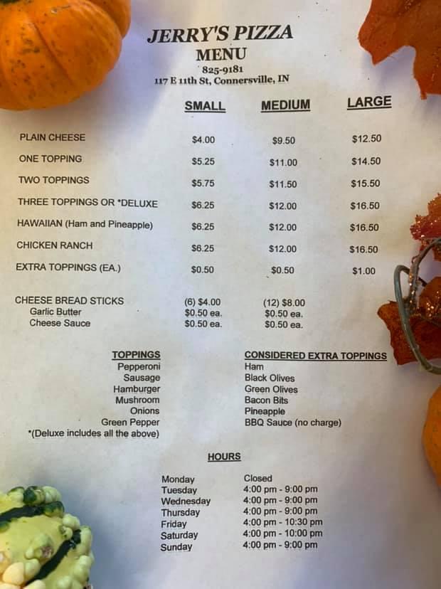 Menu at Jerry's Pizza pizzeria, Connersville