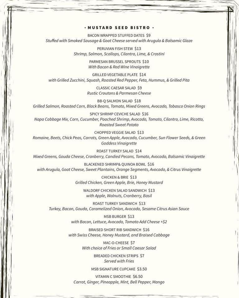 Menu at Mustard Seed Bistro cafe, Plantation