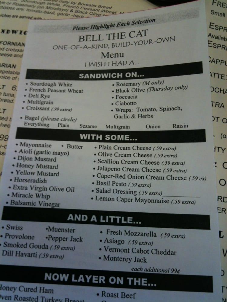 Menu at Bell the Cat restaurant, Belfast, 15 Belmont Ave