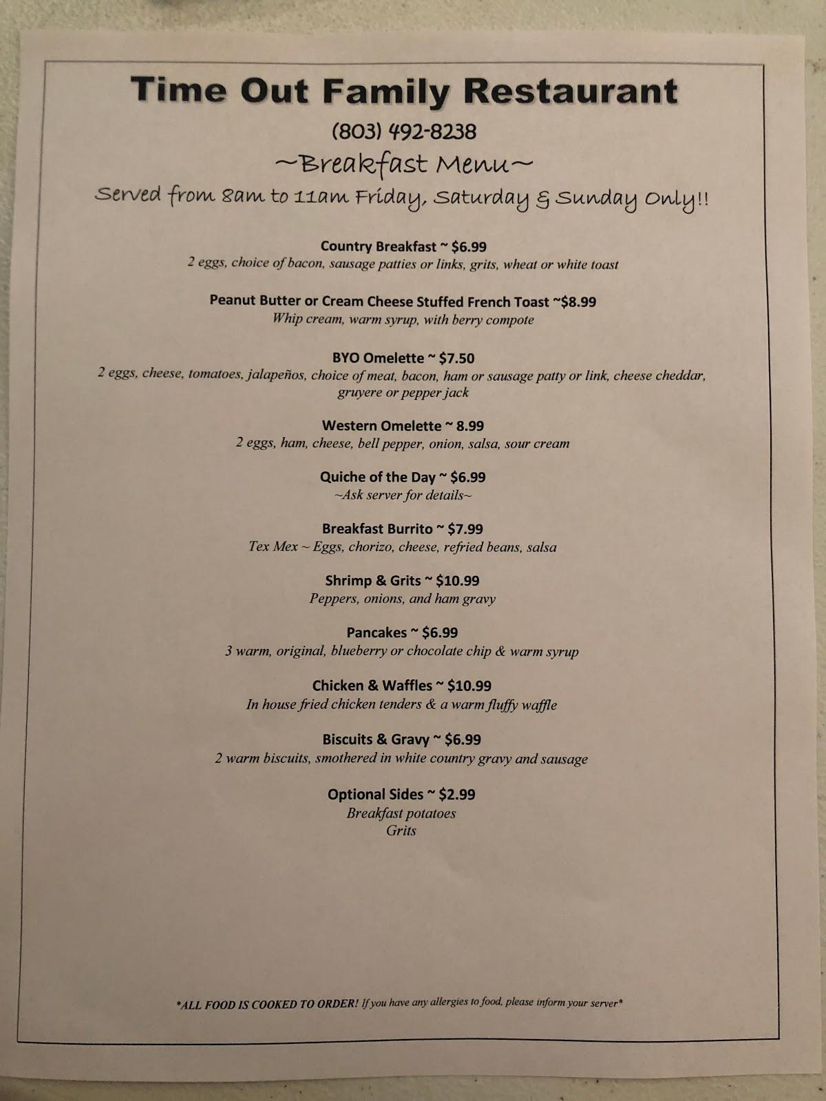 Menu at Time Out Tavern pub & bar, Eutawville