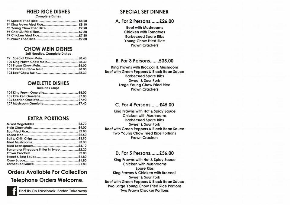 Carta de Barton Takeaway Preston Fish and Chips & Chinese Food, Preston
