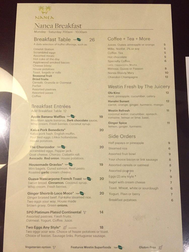 Menu at Nanea Restaurant and Bar, Princeville