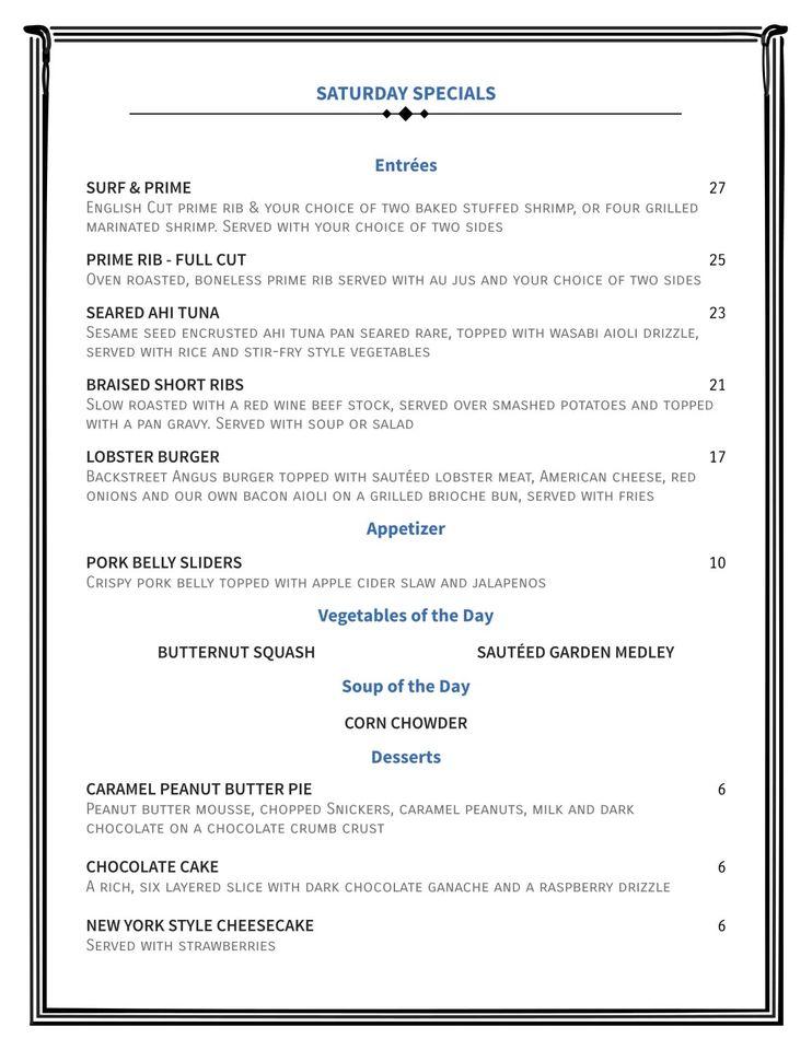 Menu at Backstreet Grille & Tavern pub & bar, Stoughton