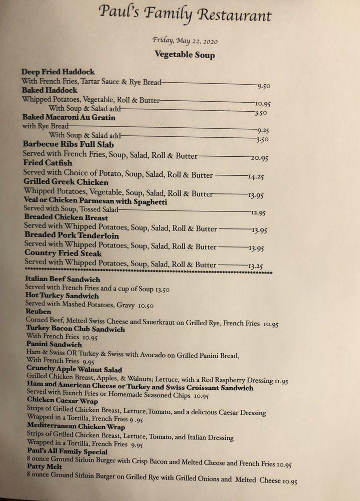 Menu at Paul's Family Restaurant, Elgin