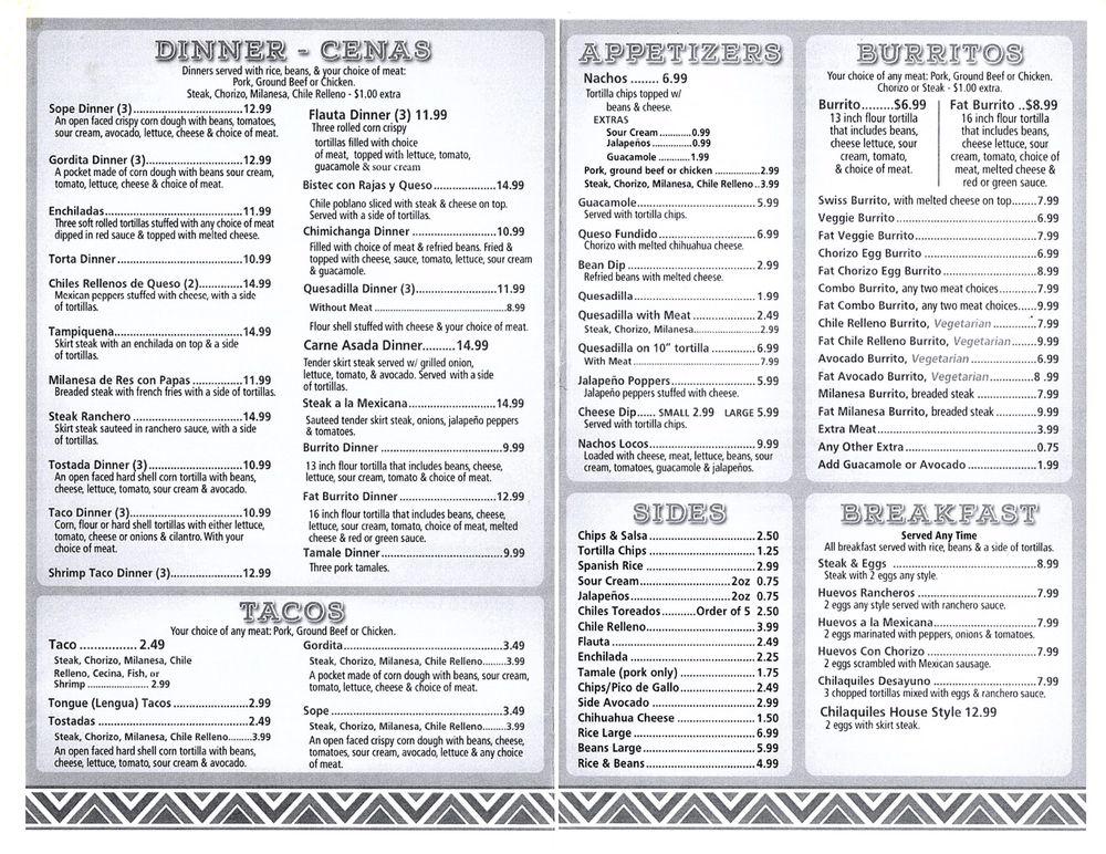 Menu at VAQUEROS RESTAURANT, Westville