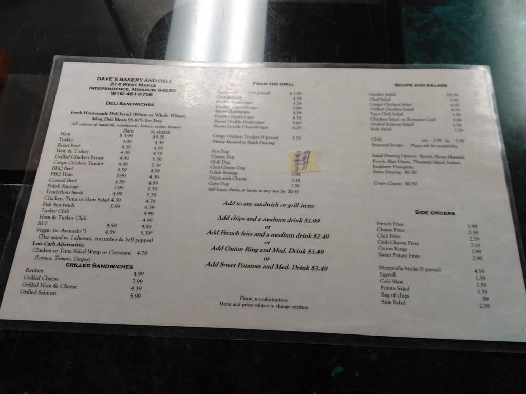Menu at Dave's Bakery & Deli, Independence