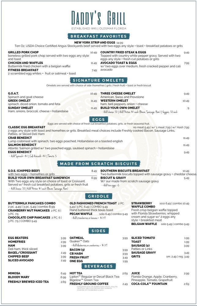 Menu at Daddy's Grill restaurant, Oldsmar
