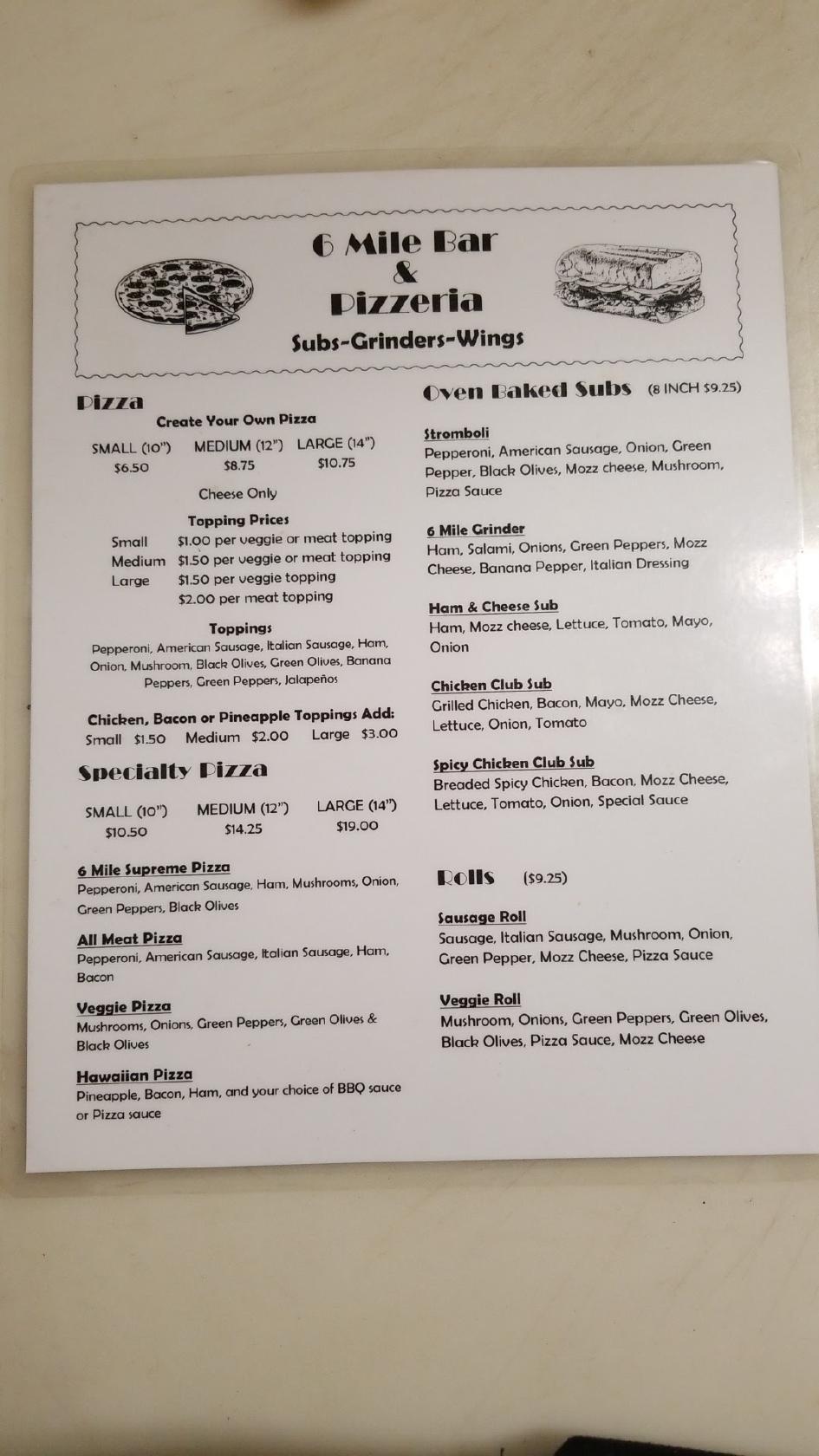 Menu at 6 Mile Bar & Pizzeria, Fort Wayne