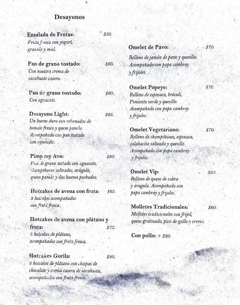 Menu at Spirulina restaurant, Puerto Escondido