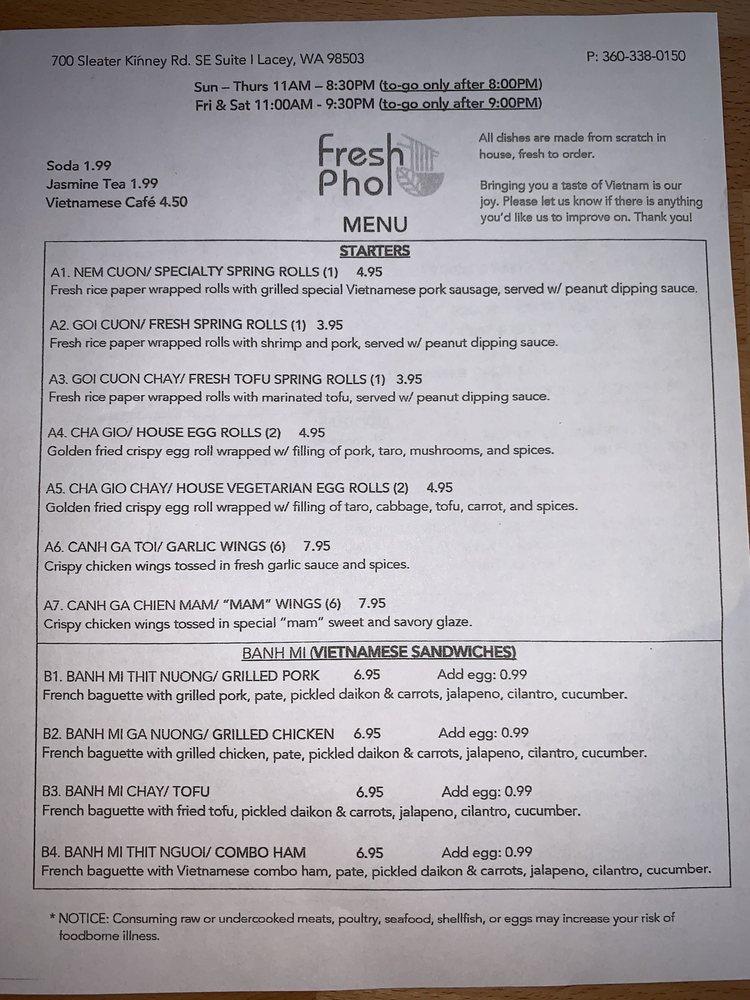 Menu at Fresh Pho restaurant, Lacey