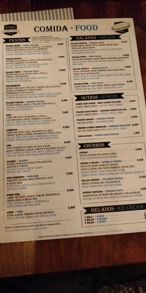 Menu at O.Giro Churros & Paninis restaurant, Funchal