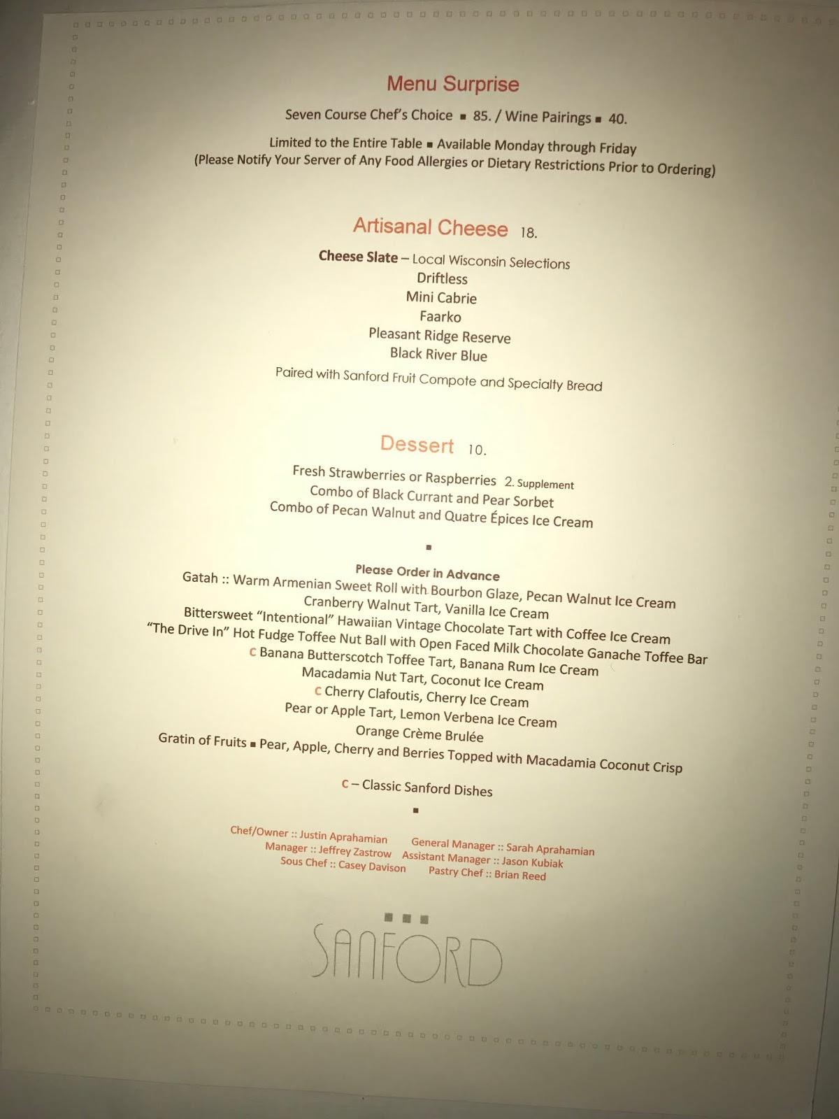 Menu at Sanford restaurant, Milwaukee