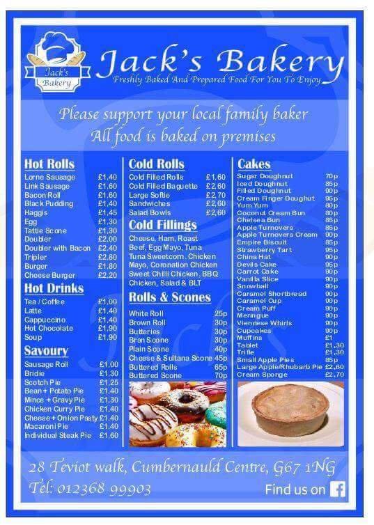 Menu at Jack's Bakery, Cumbernauld