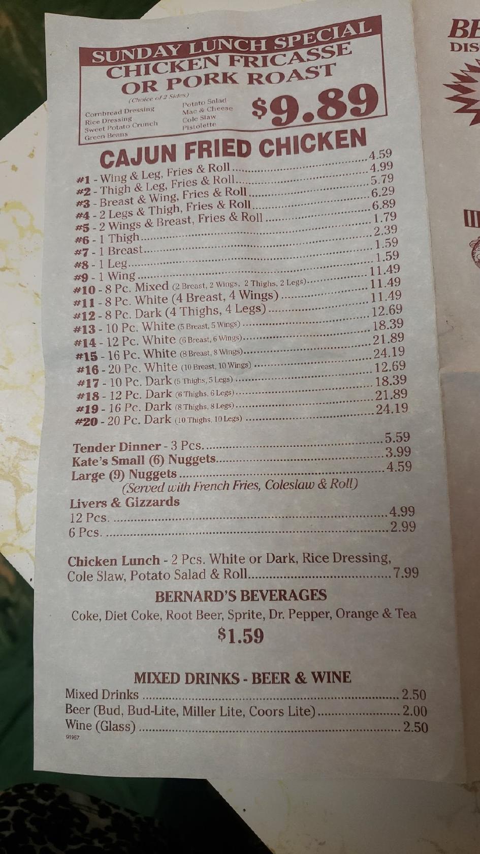 Menu at Bernard's Cajun SeaFry Restaurant, Cottonport