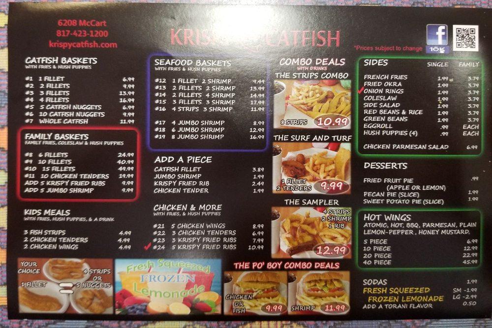 Menu at Krispy Catfish fast food, Fort Worth