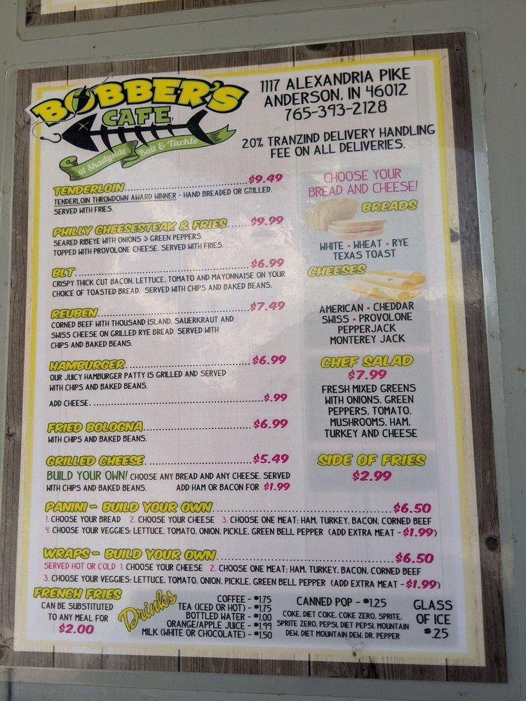 Menu at Bobber's Cafe at Shadyside Bait & Tackle, Anderson