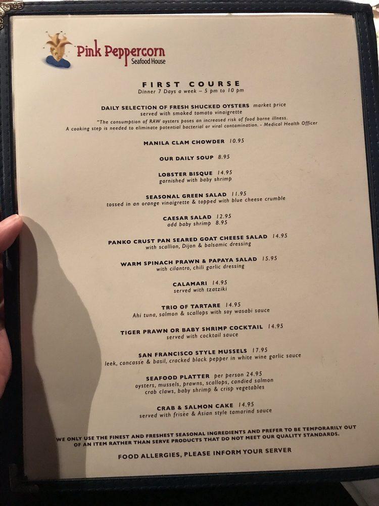 Menu at Pink Peppercorn Seafood House restaurant, Vancouver