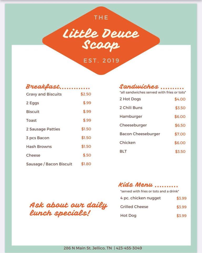 Menu at The Little Deuce Scoop Diner restaurant, Jellico
