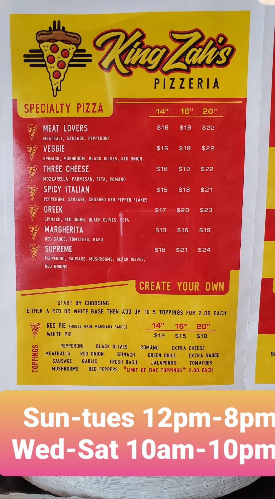 Menu at King Zah's Pizzeria, Las Cruces