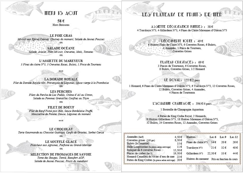 Menu at Brasserie de l'Aquarium restaurant, Aix-les-Bains