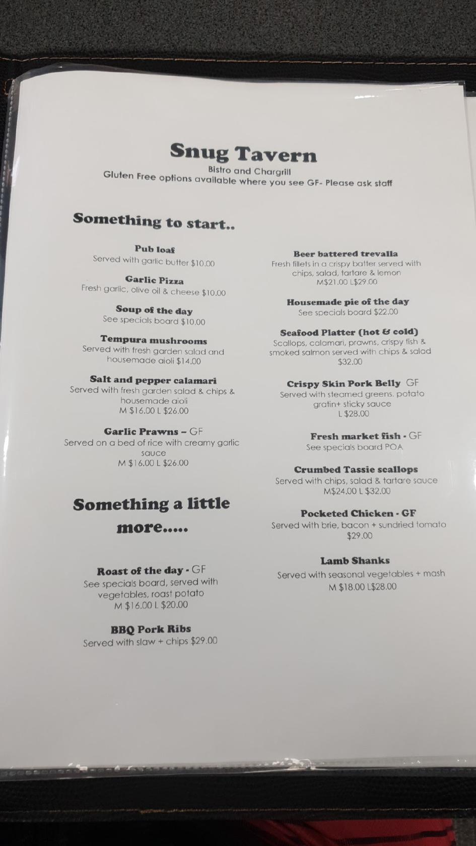 Menu at Snug Tavern pub & bar, Snug