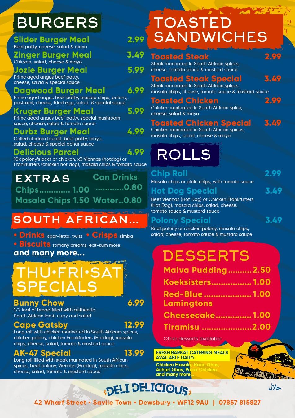 Menu at Deli Delicious restaurant, Dewsbury