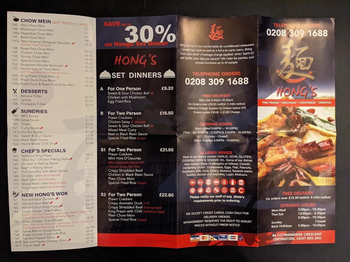 Menu at Hong's Noodle Bar, Orpington