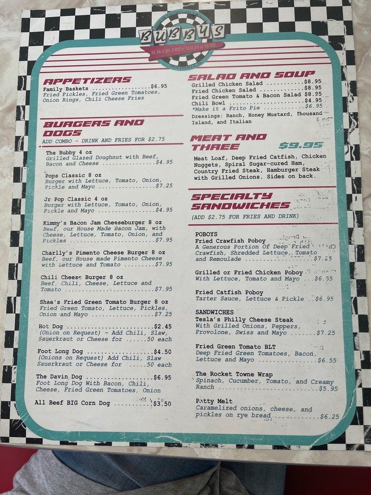 Menu at Bubby's Diner restaurant, Huntsville