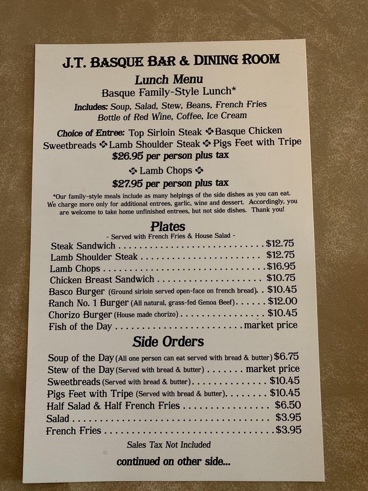 Menu at J T Basque Bar & Dining Room, Gardnerville