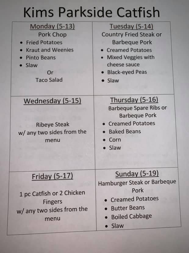 Menu at Kim’s Parkside Catfish Restaurant, Baileyton