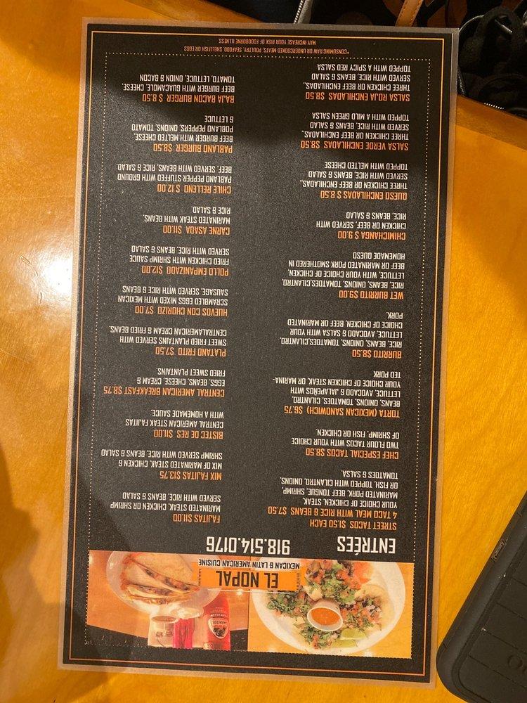 Menu at El Nopal restaurant, Sand Springs