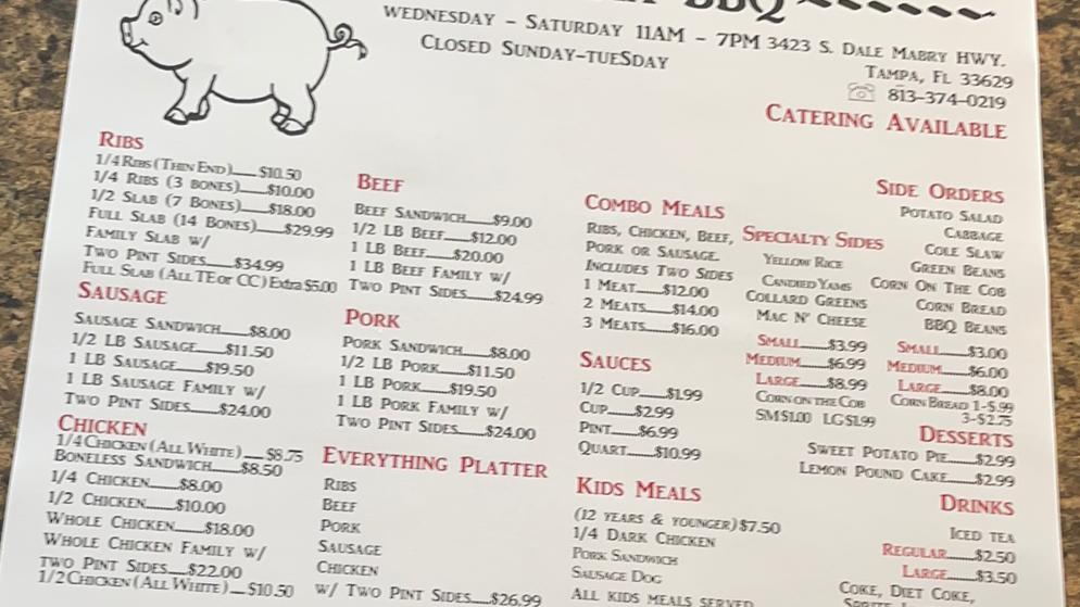 Menu at BJ’s Alabama BBQ!, Tampa