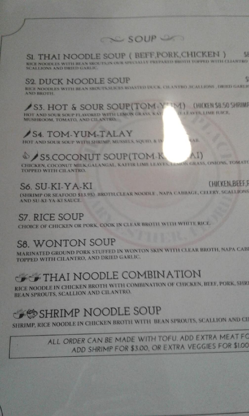 Menu at Thai Noodle Place restaurant, Fort Walton Beach