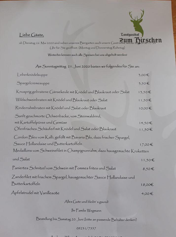 Speisekarte Von Zum Hirschen Restaurant Waldershof