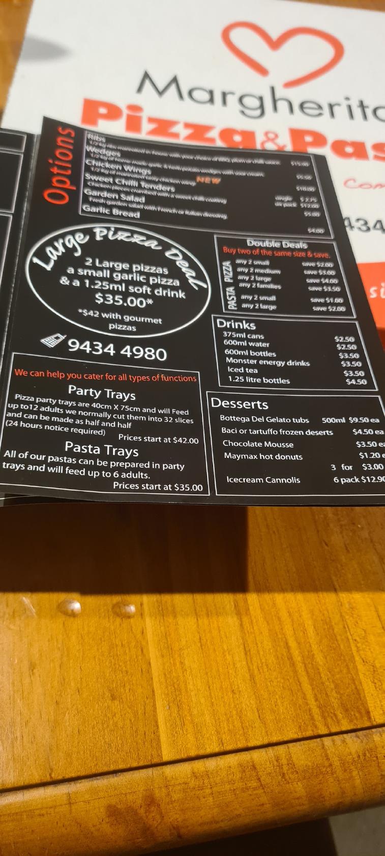 Menu at Margherita Pizza fast food, Lower Plenty