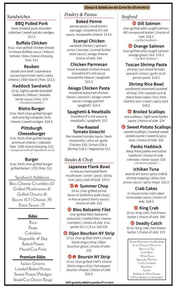 Menu at Steamers Stonewall Tavern steakhouse, North Lima