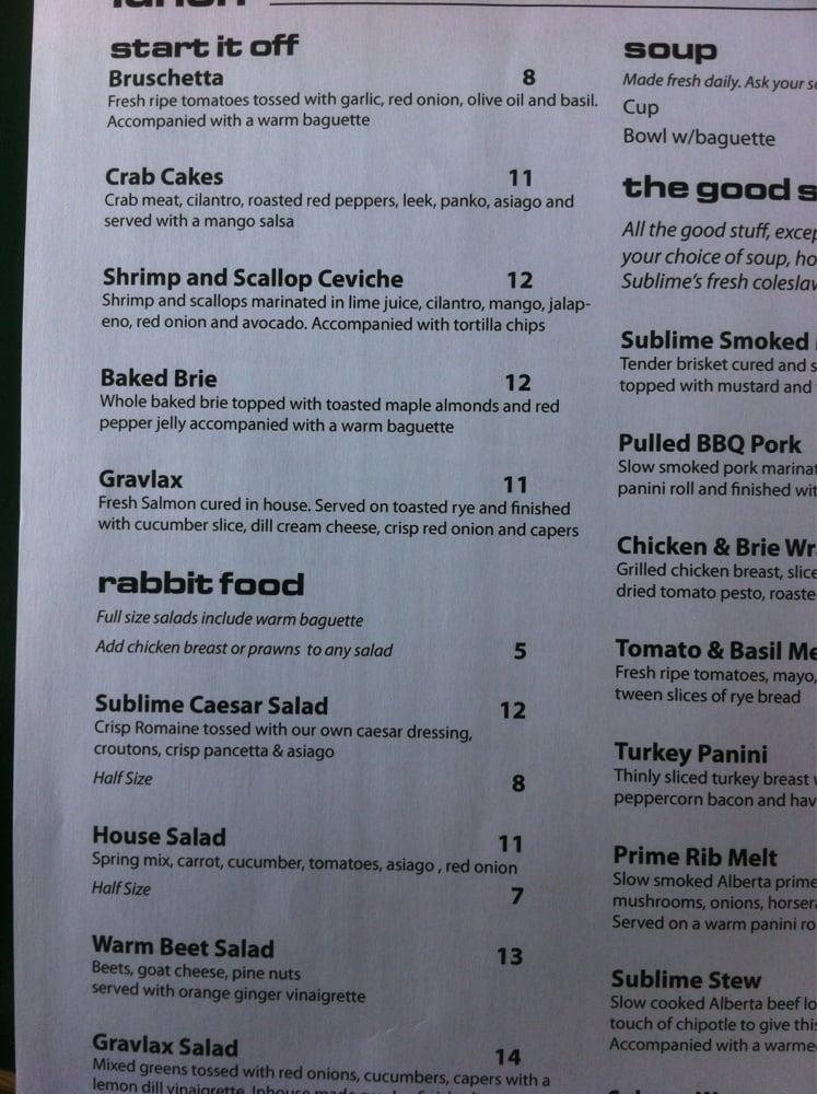 Menu at Sublime Food and Wine pub & bar, Drumheller