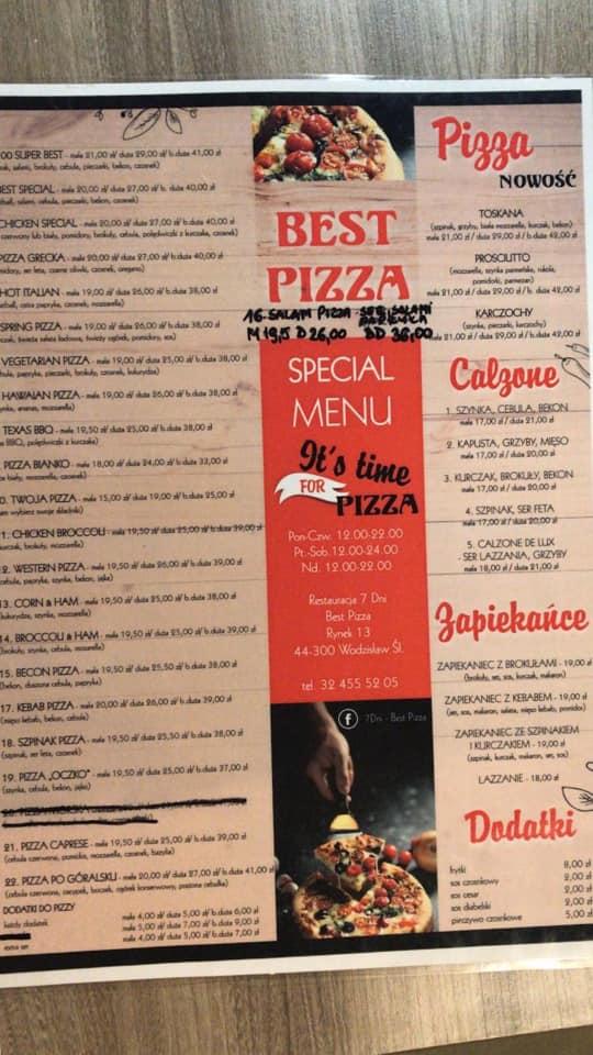 Menu at 7 Dni Best Pizza restaurant, Wodzislaw Slaski