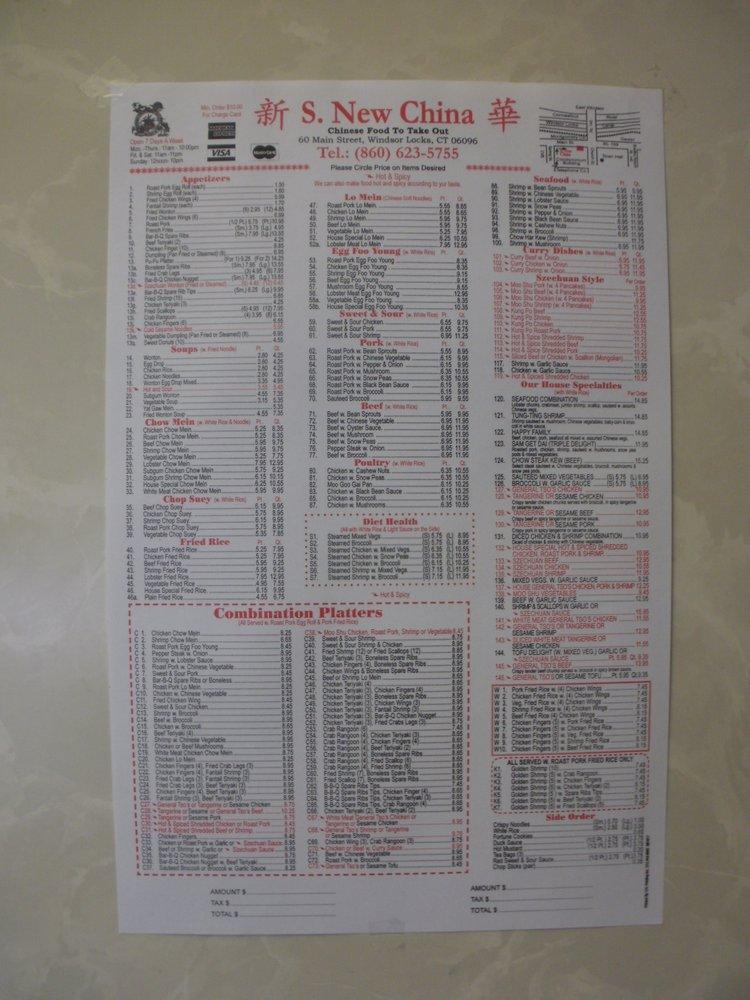 Menu at S. New China restaurant, Windsor Locks