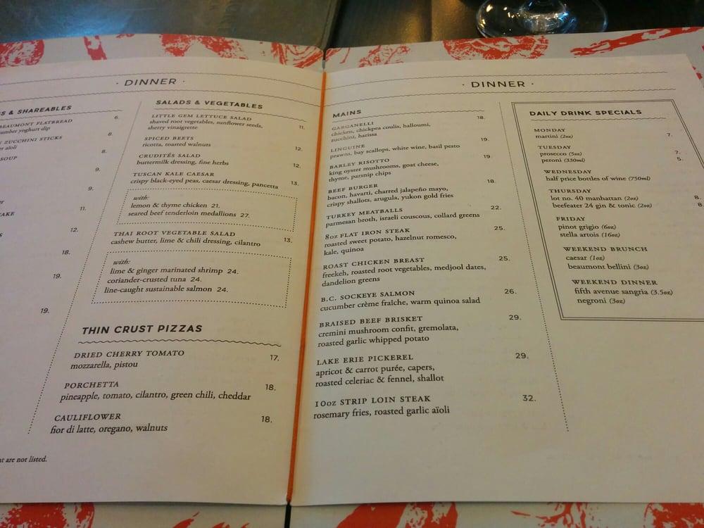 Menu at Beaumont Kitchen restaurant Toronto