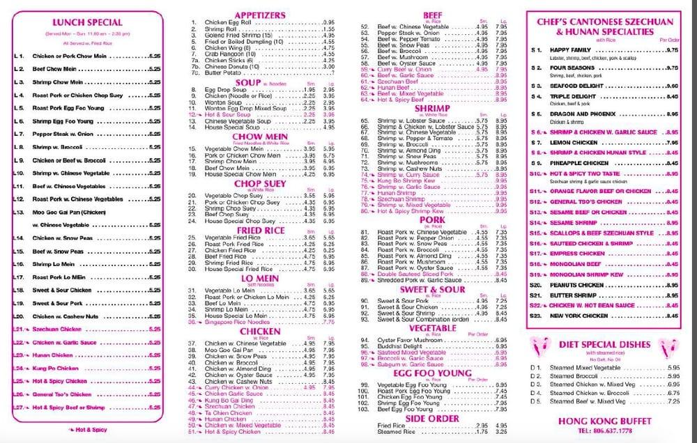 Menu at Hong Kong Buffet restaurant, Brownfield
