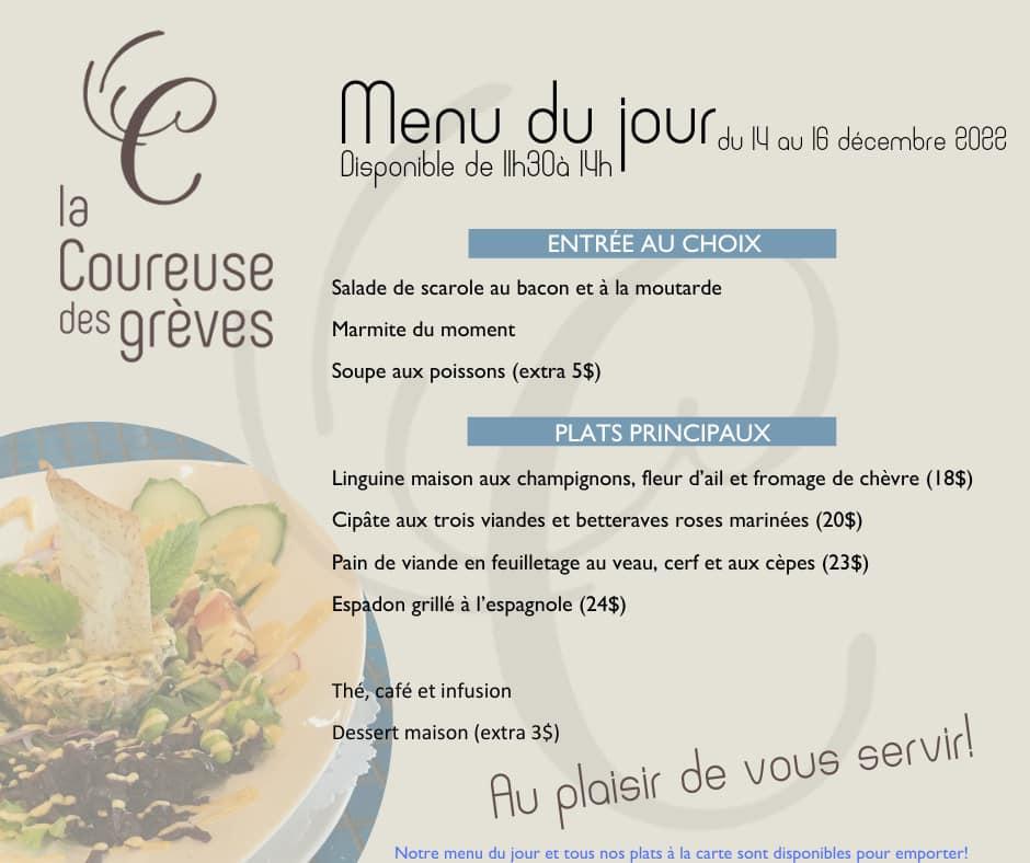 Menu au Restaurant Café la Coureuse des Grèves Inc Saint Jean Port