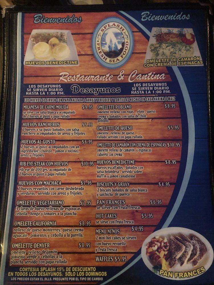 Menu at Splash Restaurant and Bar, Mexico, Carretera Libre 1015km 52.5