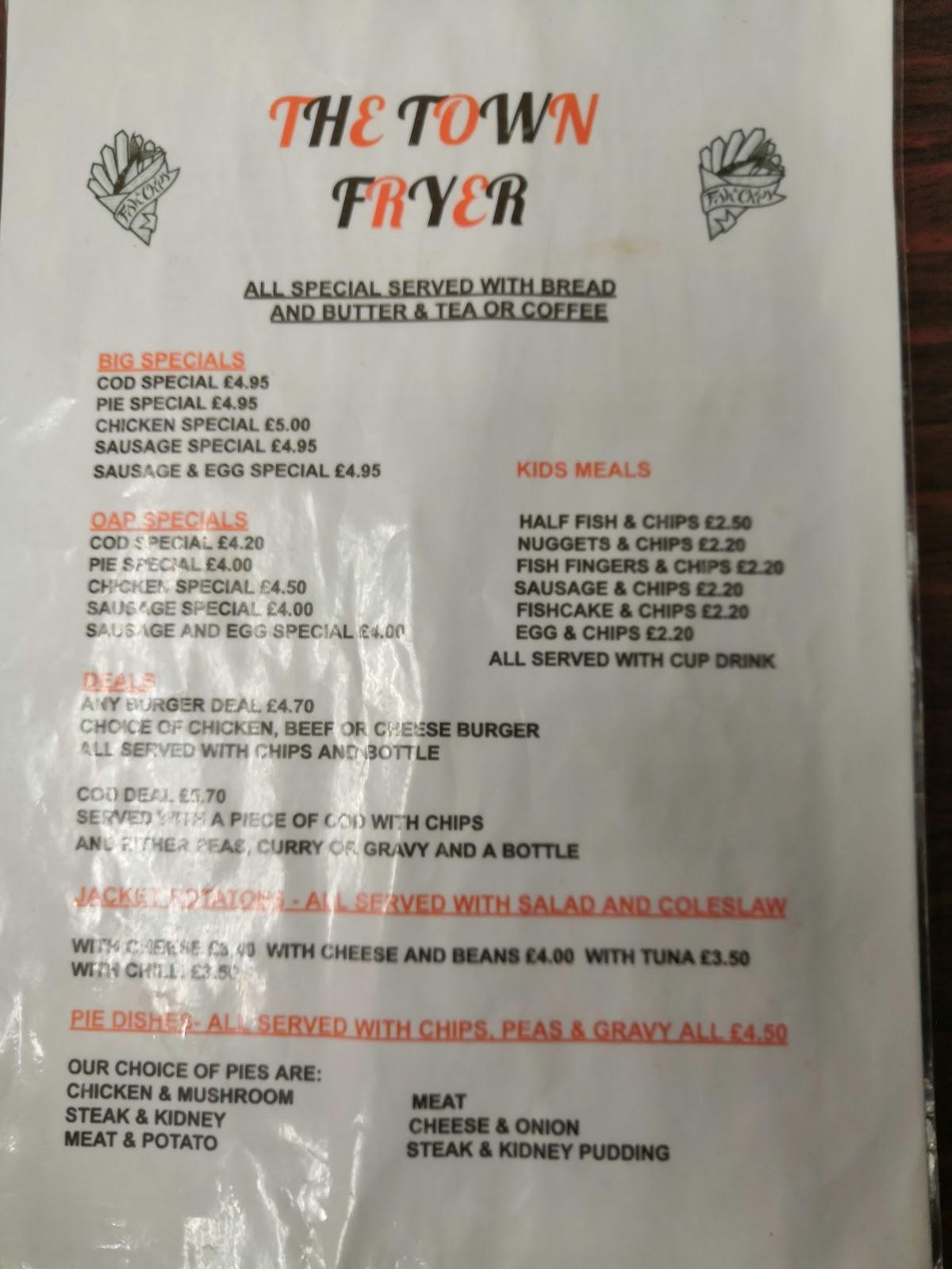 Menu at The Town Fryer restaurant, Rhyl